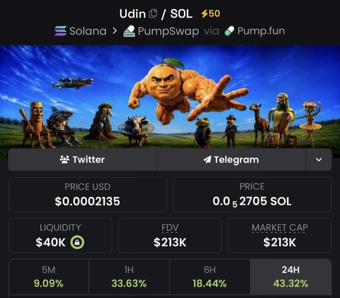 This image displays the "Udin / SOL" cryptocurrency pair on PumpSwap with a market cap of $213K, reflecting a 24-hour gain of 43.32%. The post highlights a significant increase in $Udin's market cap, correlating with the displayed metrics and suggesting further growth potential.