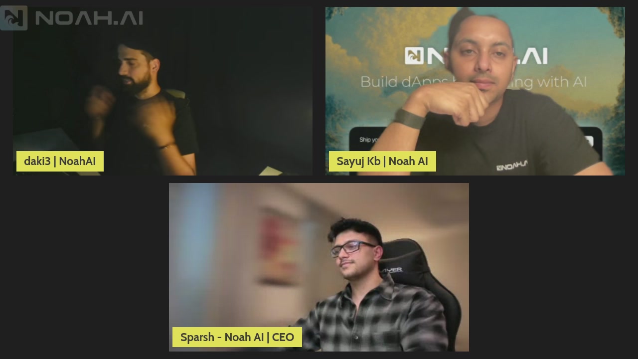 The image shows three different people sitting at their desks, with one person wearing glasses and another two men sitting behind him. The background of the image features a computer screen displaying a video about the company Solana's first coding show called "Market vs Devs".