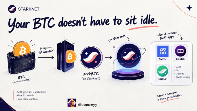 Starknet promotional infographic titled 'Your BTC doesn't have to sit idle,' showing a workflow where BTC bridges via Garden into strkBTC on Starknet, usable across DeFi apps like AVNU, Ekubo, and Endur.
