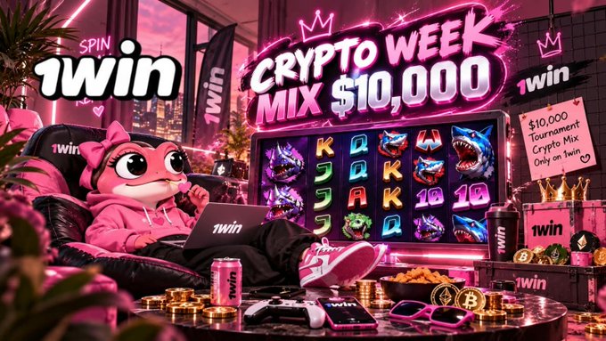 A vibrant pink-hued promotional image showcases "1WIN CRYPTO WEEK MIX" with a $10,000 prize pool, featuring an anime-style character in a 1WIN tracksuit lounging on a beanbag while gaming on a laptop. A sticky note advertises the "$10,000 Tournament Crypto Mix Only on 1win," surrounded by slot machine reels, crypto coins, and gaming accessories, visually aligning with the tournament announcement and 1win partnership mentioned in the post.