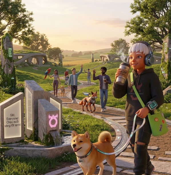 A person with white hair, wearing headphones and holding a "GM" coffee cup, walks a smiling Shiba Inu dog on a leash through a vibrant village path where other people wave and gather, with stone tablets displaying "GM" and a Shiba Inu logo. The scene visually embodies the "GM BROTHERS" greeting and the "pay $ rain" anticipation mentioned in the post, capturing the energetic community spirit and countdown excitement for the upcoming harvest moment.