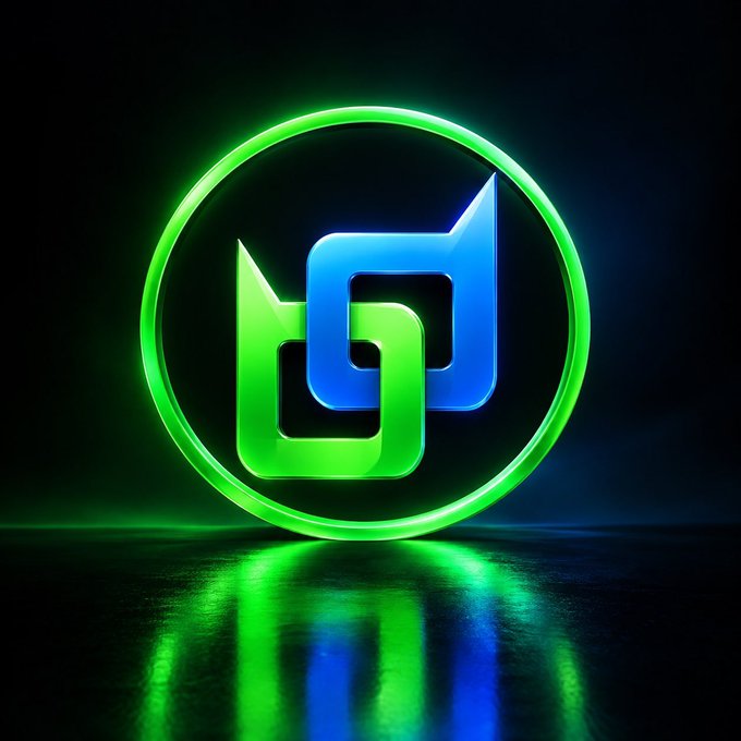 A glowing green circular logo containing stylized blue and green geometric shapes on a dark reflective surface.
