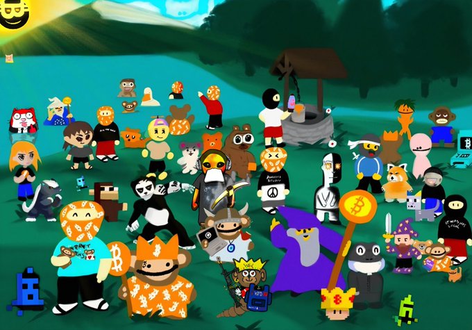 The image features a cartoon-like scene of various characters, including humans and animals such as dogs, all gathered together in an outdoor setting with trees and mountains in the background. The characters are dressed in colorful clothing, adding vibrancy to the scene. The post "gm ordinals" is related to this image because it suggests that there might be a ranking or ordering system for these characters based on their positions within the group.