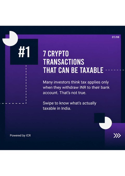 A purple informational slide titled '7 CRYPTO TRANSACTIONS THAT CAN BE TAXABLE' explains that tax applies beyond just withdrawing to bank accounts, with a 'Powered by ICR' label at the bottom.