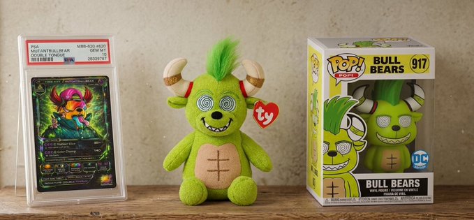 A collectible display shows a graded 'Mutant Bullbeast' trading card in a PSA slab on the left, a green Funko 'Bull Bears' plush toy (#917) in the middle, and its original Funko box on the right.