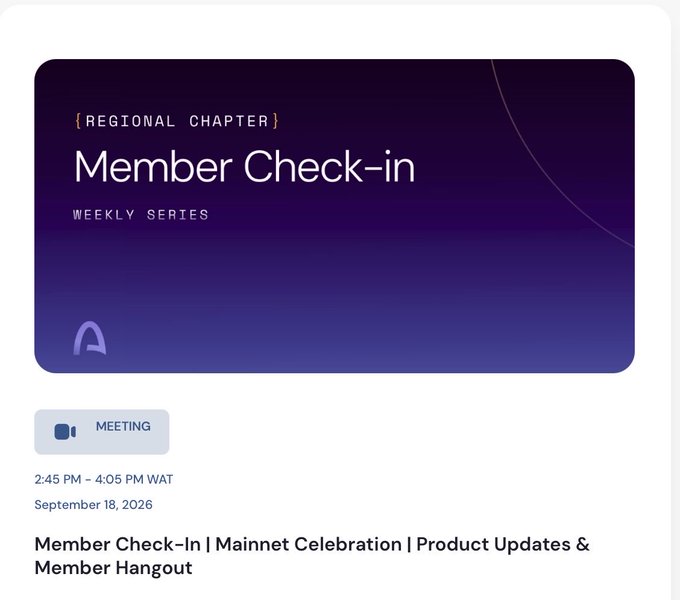 A digital event invitation card with a purple gradient background titled '{REGIONAL CHAPTER} Member Check-in WEEKLY SERIES,' scheduled as a meeting from 2:45 PM - 4:05 PM WAT on September 18, 2026.