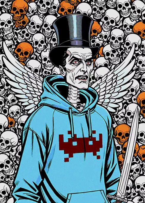A comic book-style illustration shows a vampire-like character wearing a black top hat and a blue hoodie with a Space Invader design, set against a background densely packed with white and orange skulls.