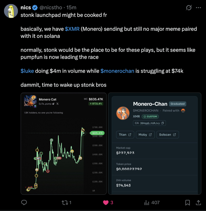 A tweet from @nicstho stating 'stonk launchpad might be cooked' regarding $XMR (Monero) on Solana, comparing the meme launchpads stonk vs pumpfun, with charts showing 'Monero Cat' at $635.47K and 'Monero-Chan' at $237,928 market cap.
