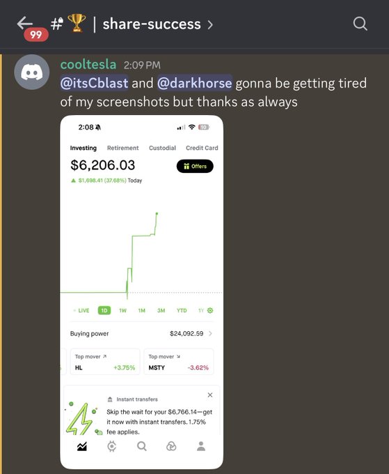 Discord screenshot showing a message from 'cooltesla' in the '#share-success' channel, mentioning @itsCblast and @darkhorse, with an attached image displaying a stock portfolio valued at $6,206.03 with a 37.66% gain.