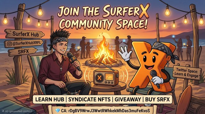 A colorful cartoon-style promotional banner titled 'Join the SurferX Community Space!' featuring a man and an orange X character around a campfire, with text including 'LEARN HUB | SYNDICATE NFTS | GIVEAWAY | BUY SRFX' and a CA address.