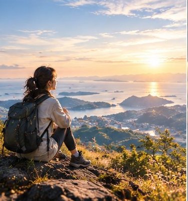 A person wearing a backpack sits on a rocky outcrop, gazing out at a coastal landscape with islands and a sunset over the ocean.