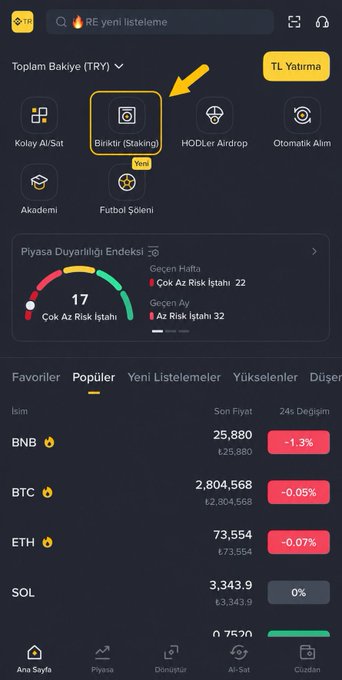 A screenshot of the Binance TR mobile app highlighting the "Biriktir (Staking)" feature with a yellow arrow, displaying the Fear & Greed Index at 17 ("Çok Az Risk İştahı") and crypto prices including BNB at 25,880 TRY (-1.3%), BTC at 2,804,568 TRY (-0.05%), and ETH at 73,554 TRY (-0.07%).