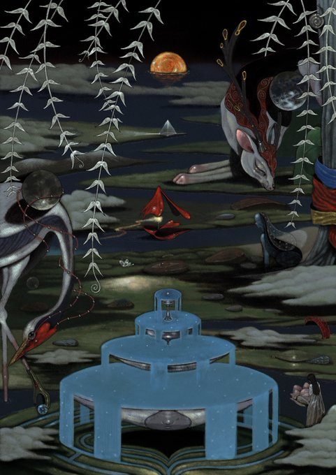 A tall, ornate blue and white porcelain vase with tiered spouts and intricate floral patterns stands against a gradient background, evoking the surreal artistry of "Theater of the Sky" by kolahonn. The accompanying post announces that this piece is part of an NFT auction hosted by big_mikey and anon, with the current bid at .169 ETH.