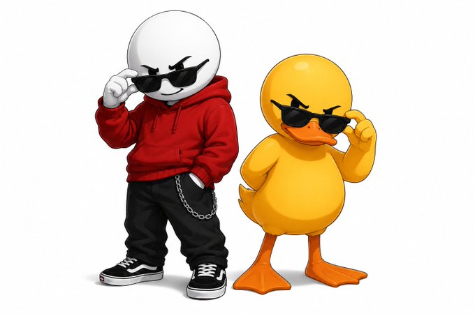 A 3D-style illustration features a character in a red hoodie, black pants with a wallet chain, and sunglasses standing next to a yellow duck character, both wearing sunglasses.