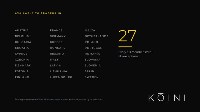 An advertisement for KOINI showing '27' (representing EU member states) with a list of all 27 countries available to traders, including Austria, Belgium, France, Germany, Italy, Spain, and Sweden.