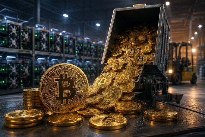A large gold Bitcoin coin stands prominently in front of an open mining container spilling golden BTC tokens, with rows of ASIC mining rigs and a forklift visible in a warehouse setting.

The image illustrates Marathon Digital's (MARA) Bitcoin mining operations, visually representing the company's recent sale of 23,093 BTC (~$1.6 billion) amid rising post-halving mining costs—showing both the mining hardware producing the assets and the coins being accumulated/divested.