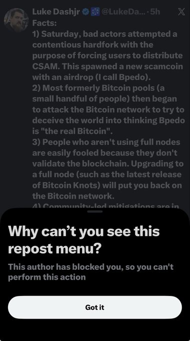 A screenshot of a tweet from Luke Dashjr (@LukeDa...) listing facts about a contentious Bitcoin hardfork and the scamcoin "Bpedo," with a popup stating "Why can't you see this repost menu? This author has blocked you, so you can't perform this action."