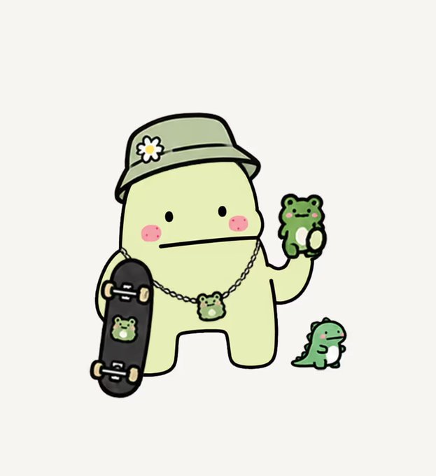 A cute pale green cartoon character wearing a bucket hat with a daisy, holding a skateboard with a frog design and a small green frog toy, with another tiny dinosaur-like creature beside it.