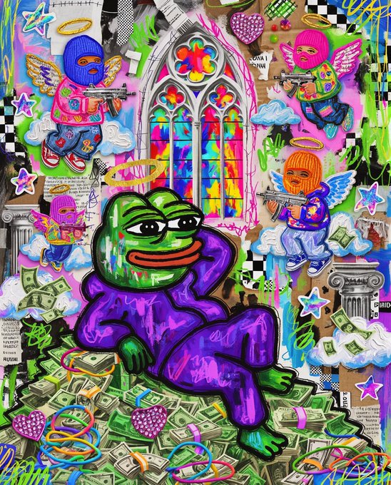 A chaotic, colorful graffiti-style illustration centered on a Pepe the Frog lounging on a pile of dollar bills, surrounded by angel-winged figures in colorful balaclavas holding guns, stained-glass windows, stars, hearts, and graffiti tags.
