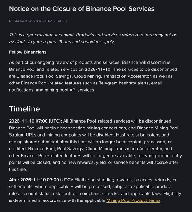 A Binance announcement titled "Notice on the Closure of Binance Pool Services" dated 2026-10-13, detailing the discontinuation of Binance Pool and related services on 2026-11-10.