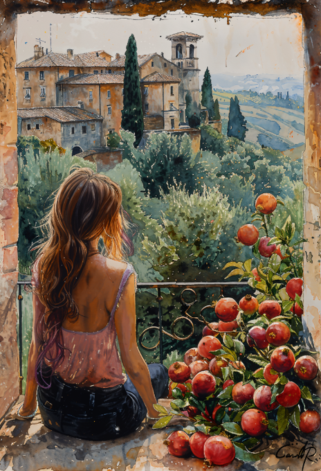 A woman with long brown hair sits on a balcony, looking out at an Italian village below. She wears a pink top and has her back turned towards the viewer. The balcony is adorned with red apples that are hanging from the roof. The painting is titled "The Girl in the Window" by @Snektoshi.