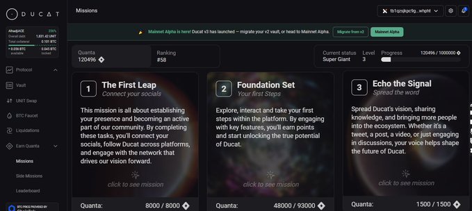 A screenshot of the Ducat platform's Missions page showing a user ranked #58 as a 'Super Giant' with progress bars for 'The First Leap', 'Foundation Set', and 'Echo the Signal' missions.