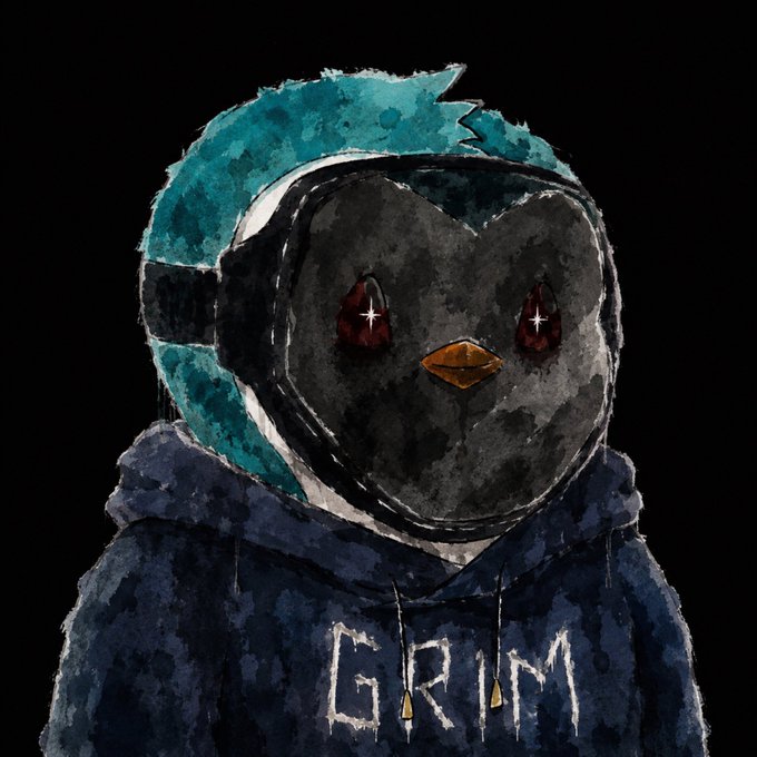 A watercolor-style illustration depicts a black, bird-like character with glowing red eyes wearing a teal hoodie and a dark hoodie with 'GRIM' written across the chest against a black background.