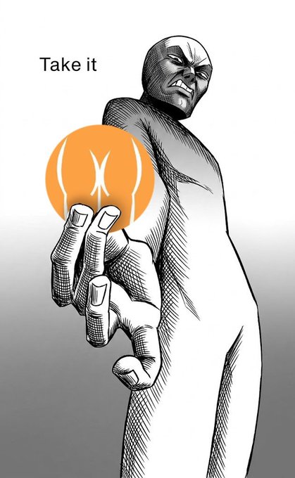 A grayscale illustration of an angry, mask-wearing figure extending a hand that holds a glowing orange token with a logo, accompanied by the text "Take it." The commanding imagery and the "Take it" text align with the post's bold declaration about aggressively bidding on $Troll and $Buttcoin.