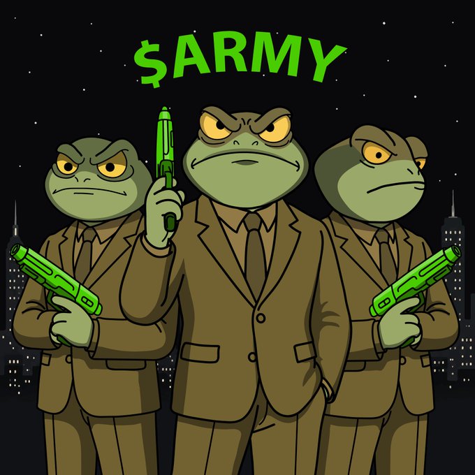 An illustration of three Pepe the Frog characters in suits holding green guns under the text '$ARMY' in a nighttime cityscape.