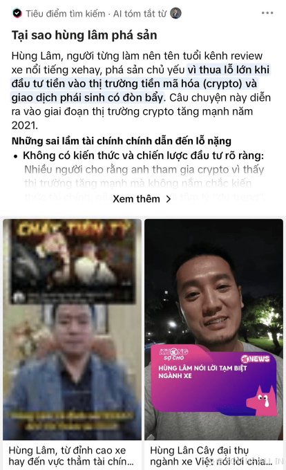 A Vietnamese mobile article titled 'Tại sao hùng làm phá sản' includes text about crypto losses and images of a man with the caption 'Hùng Lâm, từ đỉnh cao xe hay đến vực thẳm tài chính...' and a 'VTV24 NEWS' graphic.