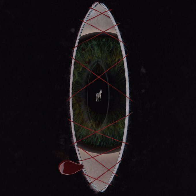 A dark, surreal digital artwork showing a large green eye with a tiny figure standing inside the pupil, overlaid with red crossing lines and a red teardrop.