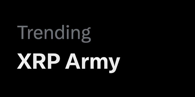 The image displays the text "Trending" in gray above "XRP Army" in bold white lettering on a black background, visually highlighting the "XRP Army" as a trending topic today.