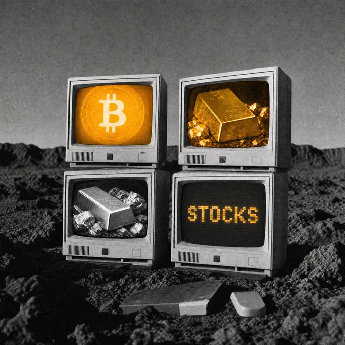 Four vintage CRT monitors stacked on rocky ground displaying Bitcoin, gold bars, silver, and 'STOCKS', representing different investment asset classes.