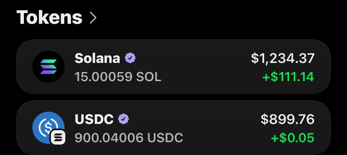 A cryptocurrency wallet dashboard displays holdings of 15.00059 Solana (SOL) valued at $1,234.37 (+$111.14) and 900.04006 USDC valued at $899.76 (+$0.05), suggesting the user is considering adding to their existing SOL position.