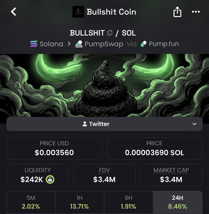 The image shows a crypto trading page for "Bullshit Coin" (BULLSHIT/SOL) on Solana via PumpSwap, displaying a price of $0.0003560 (0.000003690 SOL) with a $3.4M market cap, $242K liquidity, and gains of 13.71% (1H) and 8.46% (24H). The page features a meme illustration of a feces pile with glowing green eyes, satirizing the speculative nature of meme coin trading referenced in the post's call to "blast 100 SOL" into the token.