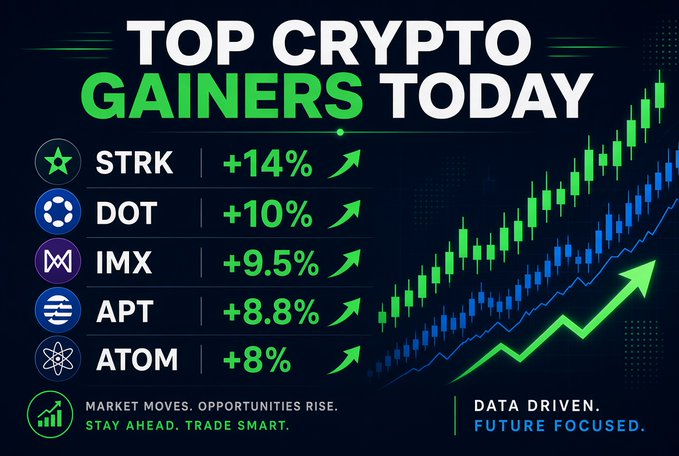 A graphic titled 'TOP CRYPTO GAINERS TODAY' listing STRK (+14%), DOT (+10%), IMX (+9.5%), APT (+8.8%), and ATOM (+8%) with a rising green chart, tagged 'STAY AHEAD. TRADE SMART.' and 'DATA DRIVEN. FUTURE FOCUSED.'