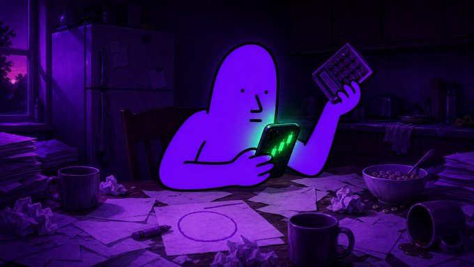 A purple-toned digital illustration shows a blob-like figure sitting at a cluttered kitchen table, staring at a phone with green upward trending lines while holding a calculator.
