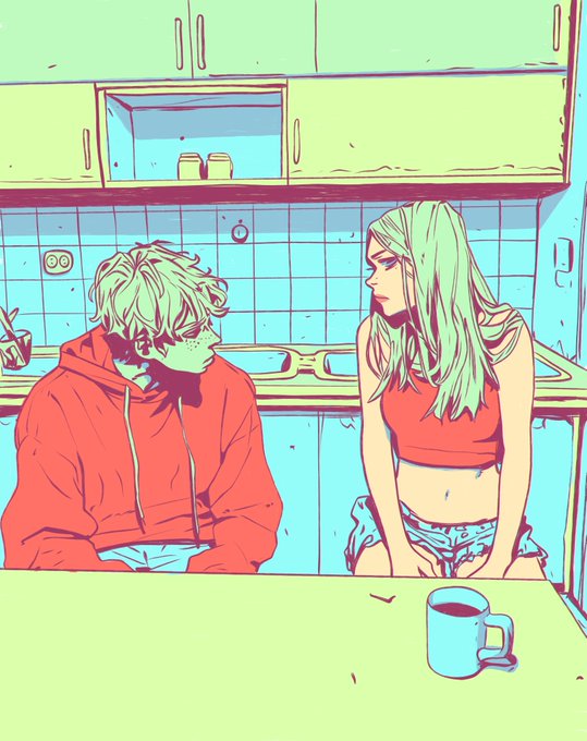 Stylized comic-book illustration of a boy in a red hoodie and a girl in a red top and shorts sitting at a kitchen table with a blue mug.