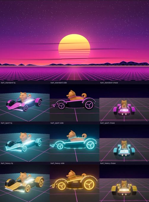 A retro-futuristic graphic showing multiple Shiba Inu dogs driving neon-lit race cars on a grid, set against a synthwave sunset with a grid landscape and purple sky.