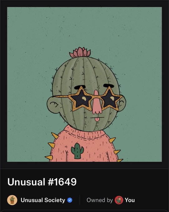 A digital NFT artwork titled 'Unusual #1649' by Unusual Society, depicting a cartoon character with a cactus head wearing star-shaped sunglasses.