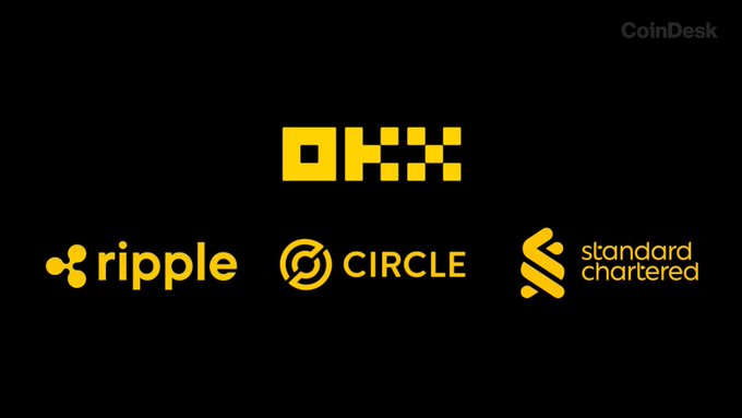 The image displays the OKX logo prominently in yellow at the top, with the logos of Ripple, Circle, and Standard Chartered arranged below it, all set against a black background. This visual represents the major financial partners backing OKX's $25 billion valuation, highlighting the convergence of XRP and USDC infrastructure with traditional banking through Standard Chartered.