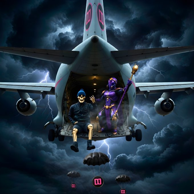 A dramatic digital illustration of a military cargo plane flying through a stormy sky with lightning, carrying a person in a skull mask sitting on the ramp and a purple-armored figure holding a flaming staff, with parachutes deploying below.
