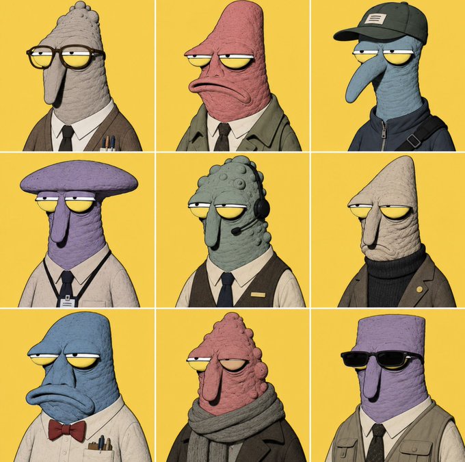 A 3x3 grid of stylized cartoon portraits featuring various bizarre humanoid characters with elongated faces, different colored skin, and tired expressions, all dressed in professional attire.