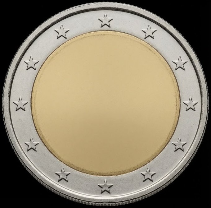 Studio photograph of a two-tone 2 euro commemorative coin against a black background, showing its blank gold-colored center and silver-colored ring with twelve stars.
