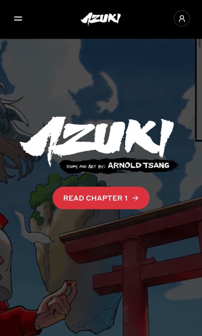 Mobile website for Azuki, a story and art by Arnold Tsang, featuring a red 'Read Chapter 1' button over anime-style artwork.