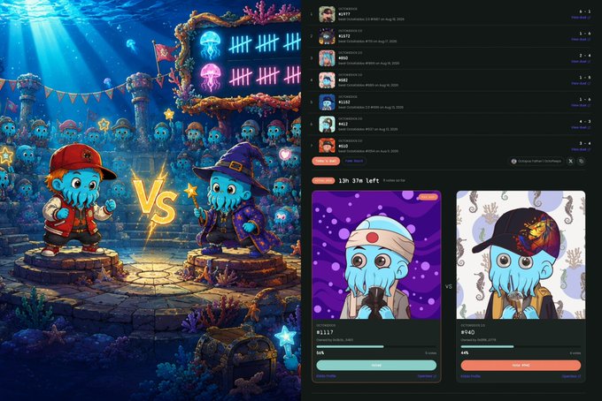 An octopus-themed crypto prediction platform displaying two competing octopus cartoon avatars with voting percentages (54% vs 46%) and a live chat feed of user predictions.