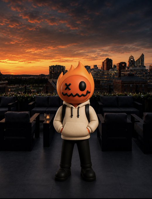A 3D-rendered character with a flaming pumpkin-like head, 'X' eyes, and a stitched mouth wearing a cream hoodie, standing on a rooftop terrace at sunset with a city skyline in the background.