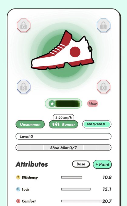 The image shows a white screen with a red shoe displayed at the top, along with a list of attributes for the shoe. The text "1回だけでも参加しないと･･･と高騰した靴を買ってエンハンス やっといて良かった #STEPN". The shoe is located at the top of the screen, and it has a red sole. There are also other attributes displayed on the screen, such as "Uncommon", "New Runner", and "Base + Point".