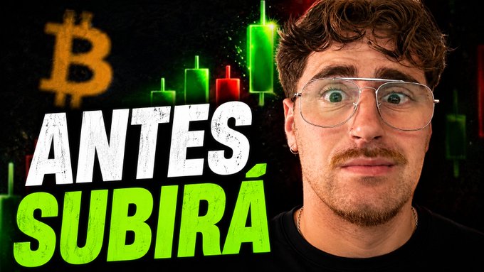 A thumbnail-style image features a man with glasses and a surprised expression next to bold text reading 'ANTES, SUBIRÁ' with a Bitcoin logo and green/red candlestick chart in the background.