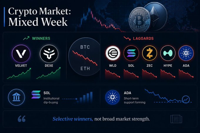 A 'Crypto Market: Mixed Week' infographic shows VELVET and DEXE as winners, while WLD, SOL, ZEC, HYPE, and ADA are laggards, with notes on SOL institutional dip-buying and ADA short-term support forming.